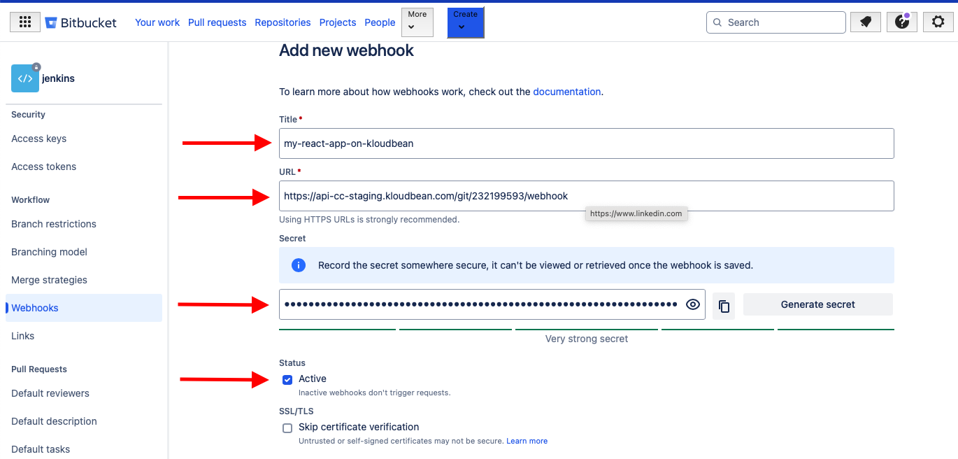 Demonstration on adding webhook Title, URL and Secret.